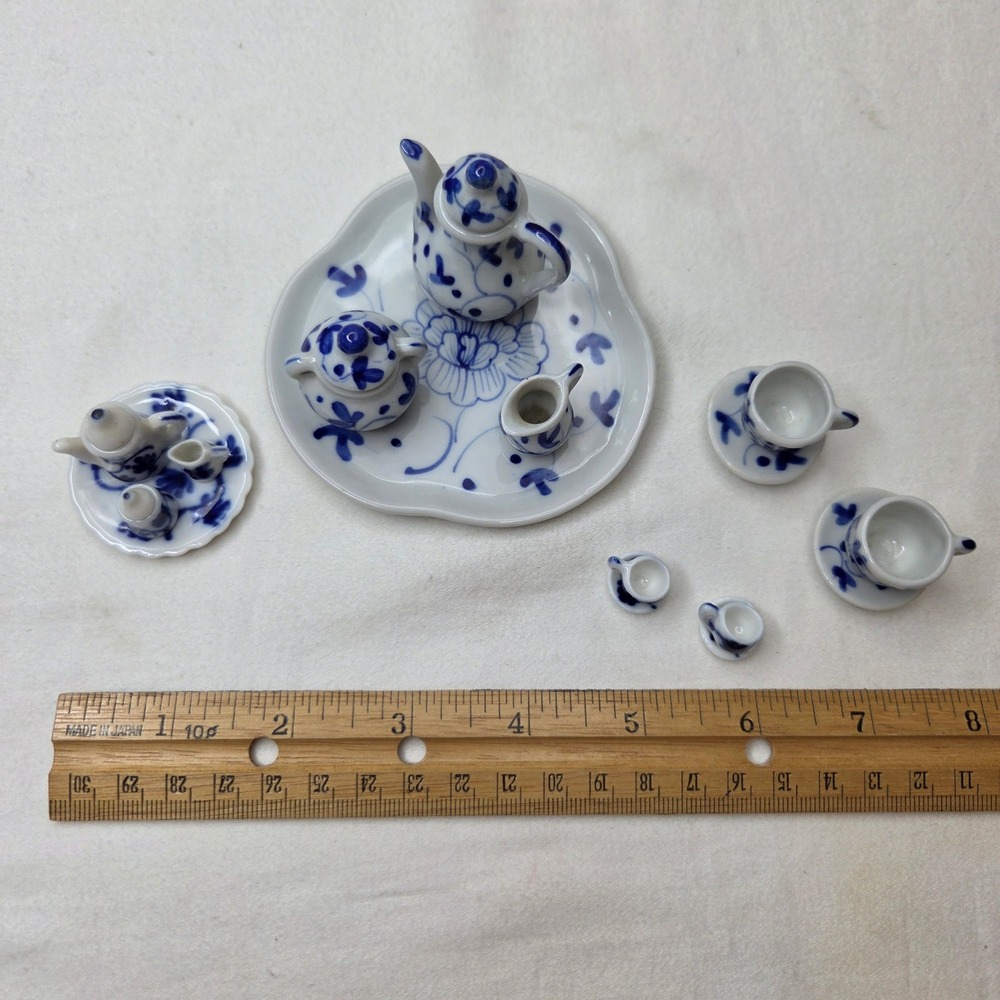 Vtg Handcrafted Thailand Blue White Porcelain Miniature Tea Set 20pc Lot
